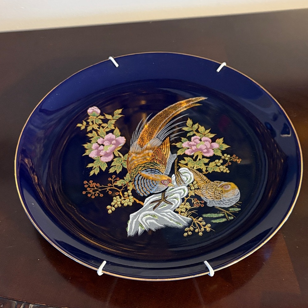 Elegant Blue Ceramic Plate with Floral Design